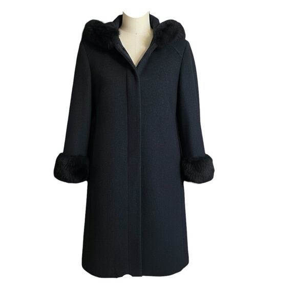 JP 100% Wool Coat Women's 10P (Demi )Charcoal Gray Faux Fur Trim Hooded Overcoat - Picture 1 of 13